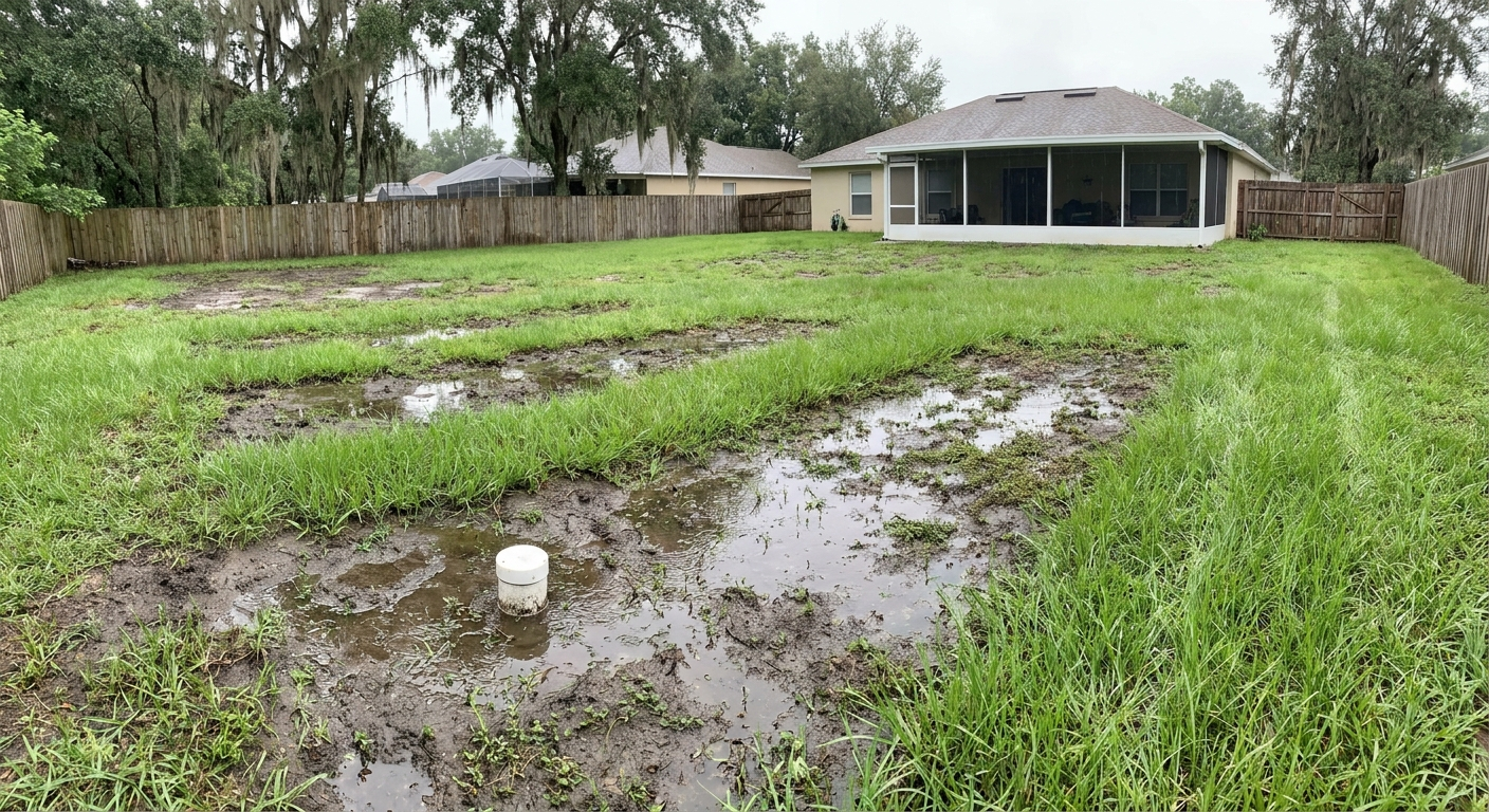 Lakeland drain field after heavy usage with standing water and stressed grass